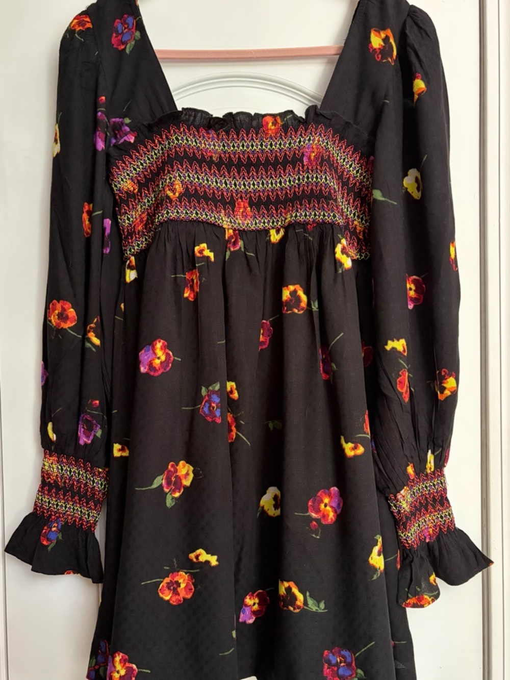Urban Outfitters Black Floral Boho Smocked Minidress Pansy Neon Square Neck Sz M - Picture 2 of 6